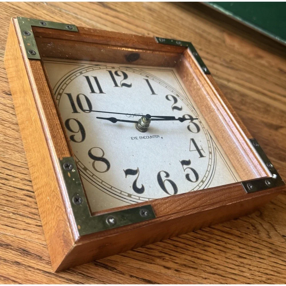 Vintage Rustic Wooden Clock with Brass Corners | Mid‎ Century Cottagecore Decor
